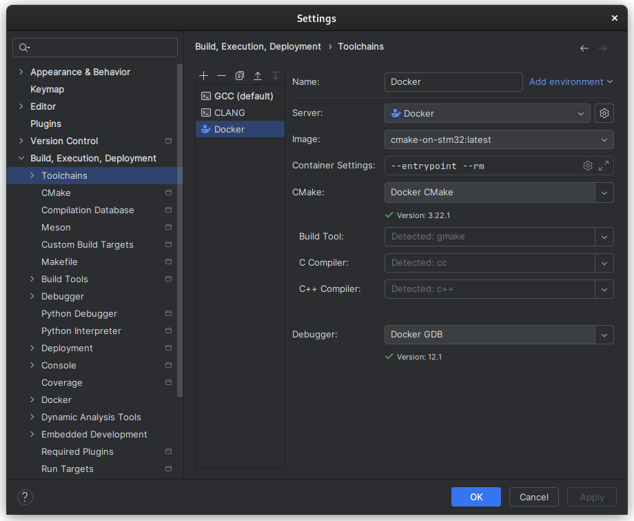 docker toolchain in clion